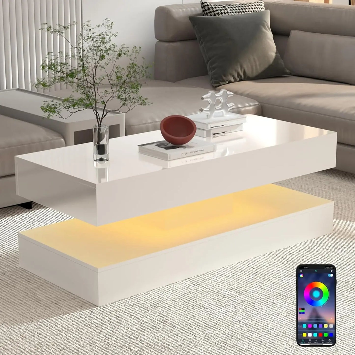 Modern Coffee Table with LED Lights Double-Layer Design Storage Drawers