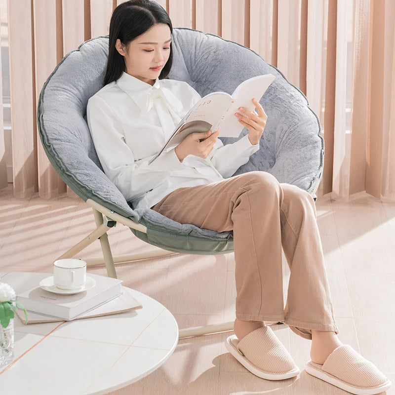 Ljustra Comfortable Faux Fur Saucer Chair Folding Lounge Chair Moon Shape