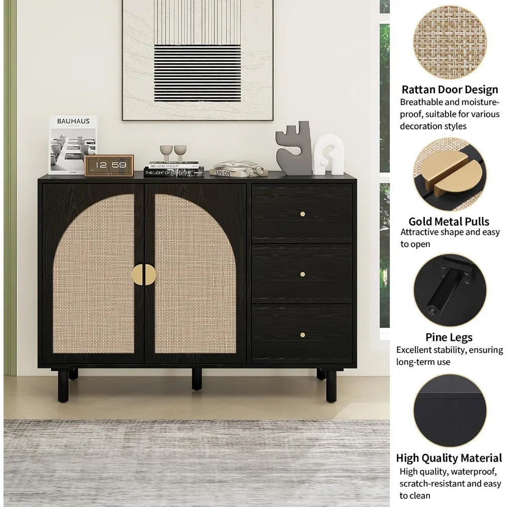 Sideboard Buffet Cabinet Storage Rattan 2 Door 3 Drawer Modern Dresser
