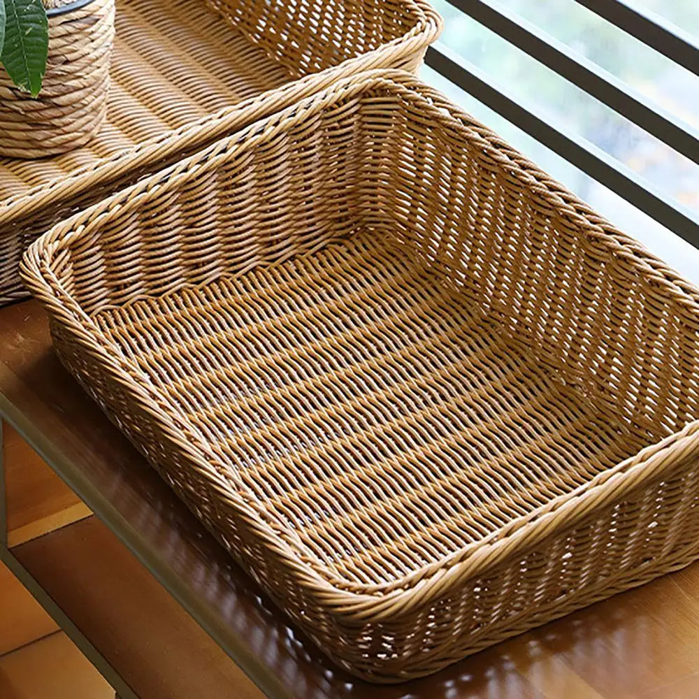 Rectangular Rattan Serving Tray Wicker Storage Basket With Handles