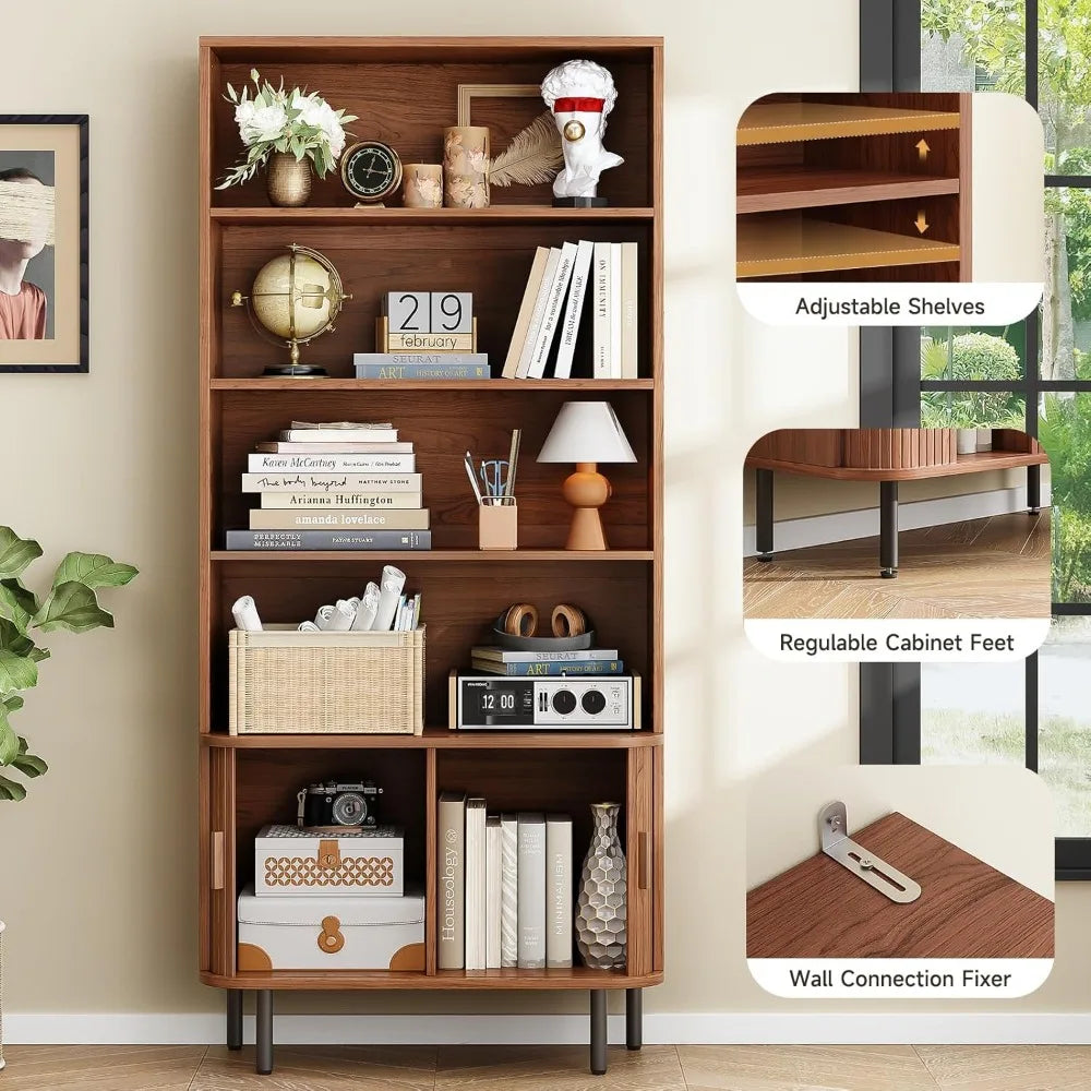 71 Inch Tall 4 Tier Bookshelf with Storage Cabinet Adjustable Shelves