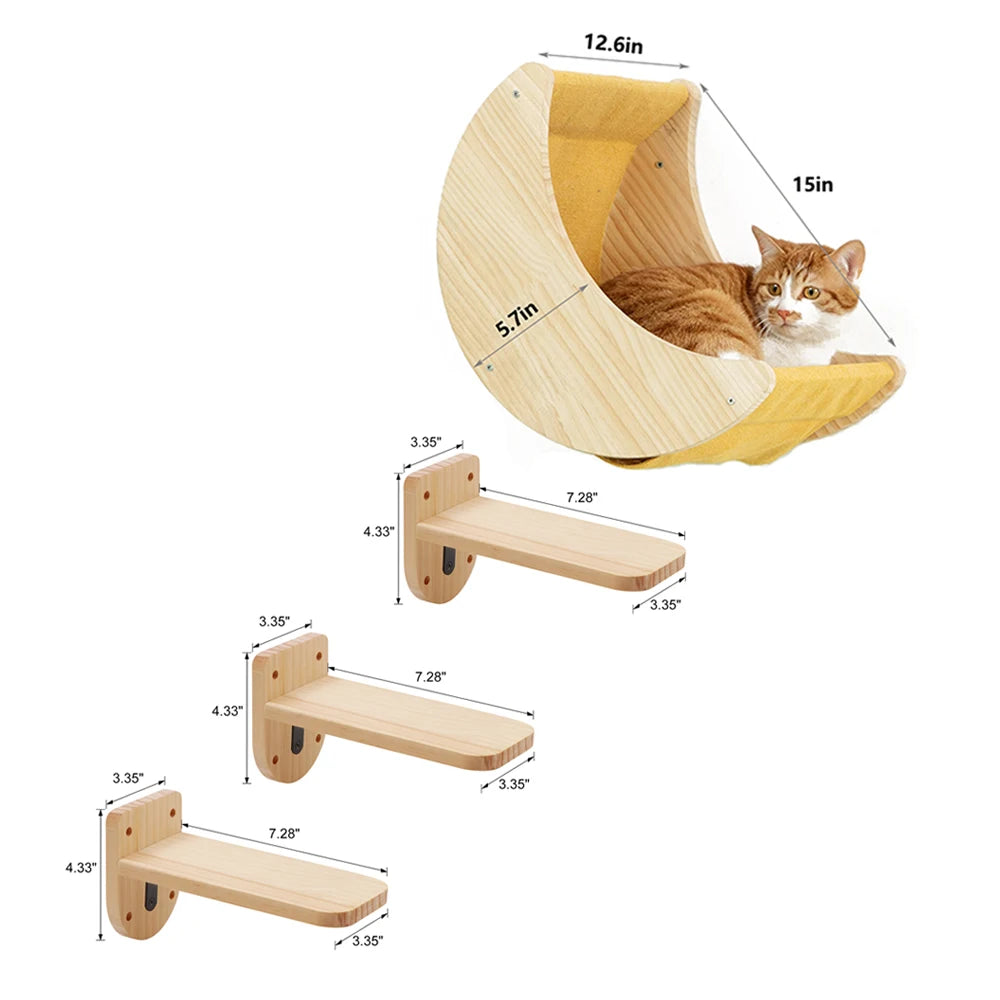 Cat Wall Shelf Moon Shaped Hammock Solid Wood Climbing Steps Indoor Furniture