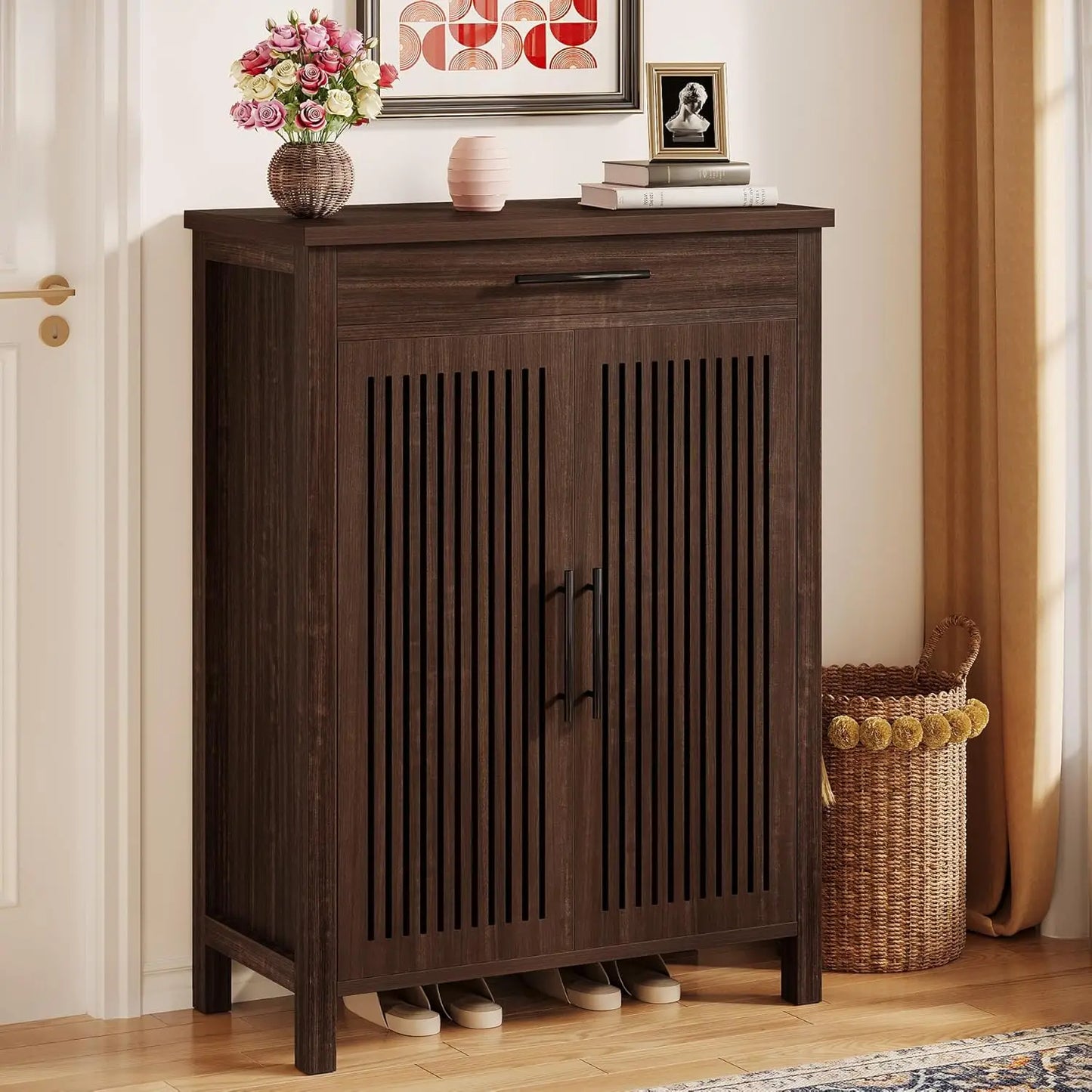 Shoe Cabinet 5-Tier Storage Organizer Louvered Doors Freestanding Rack