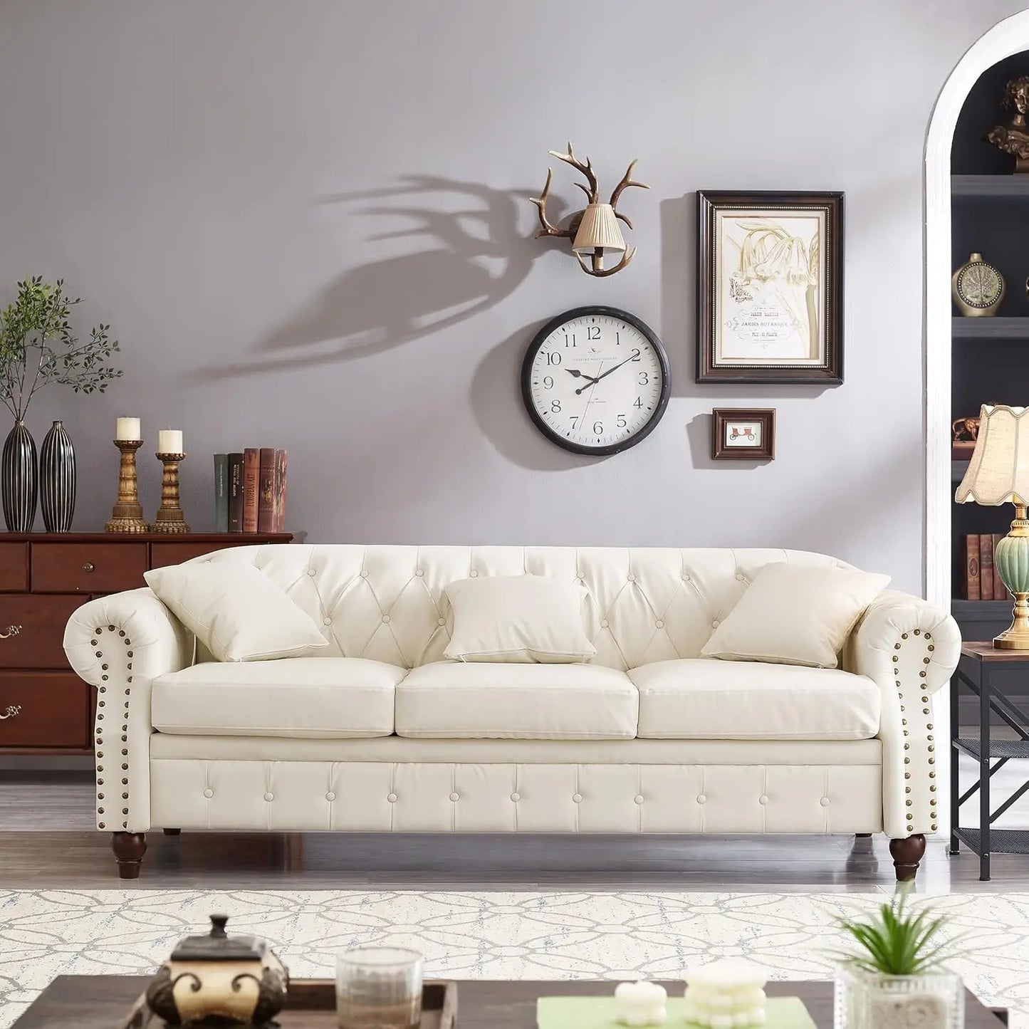 Ljustra 85.8" PU Leather Chesterfield Sofa 3-Seater with Storage & Tufted Design