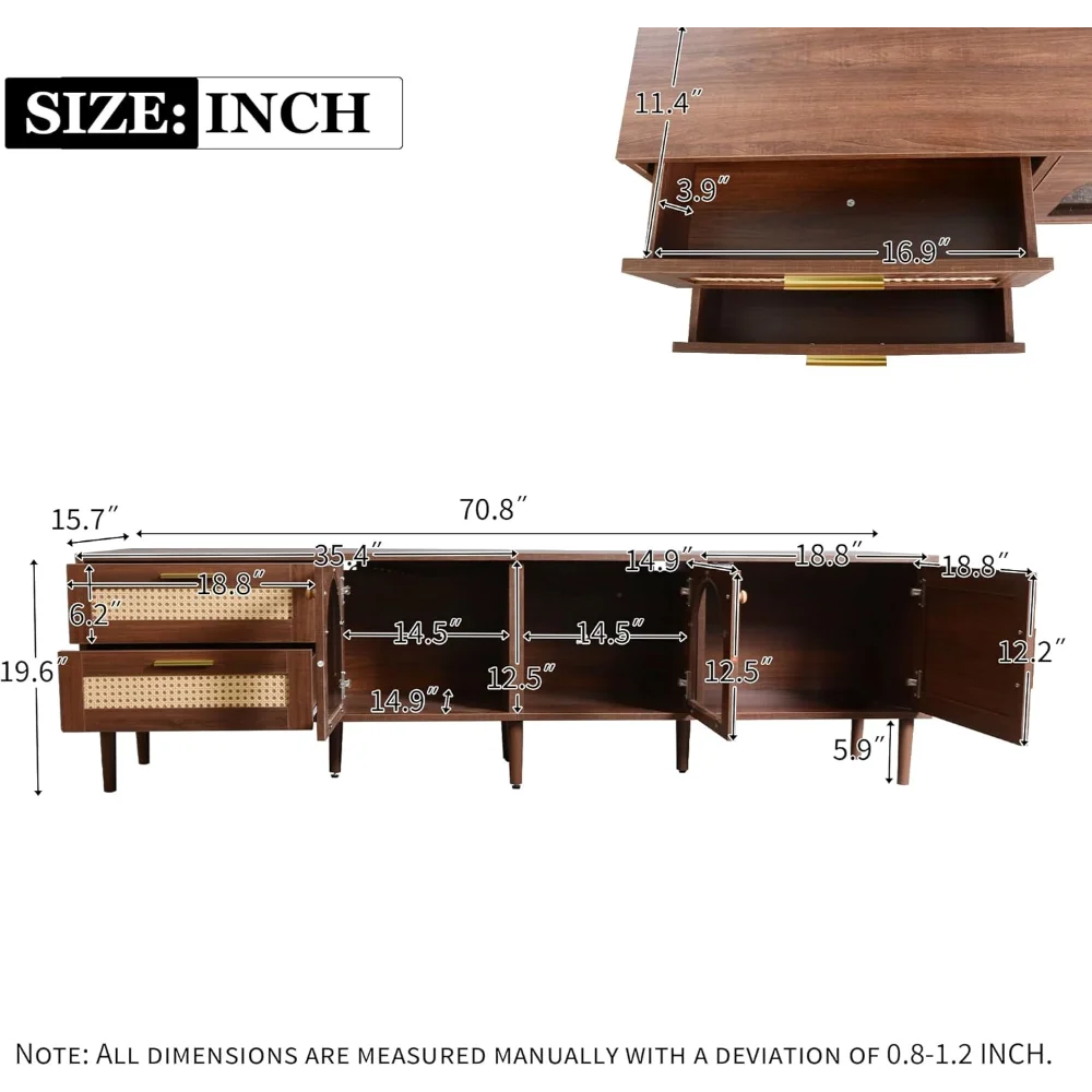 Rattan TV Stand LED Lights 70" Entertainment Center 3 Cabinets 2 Drawers