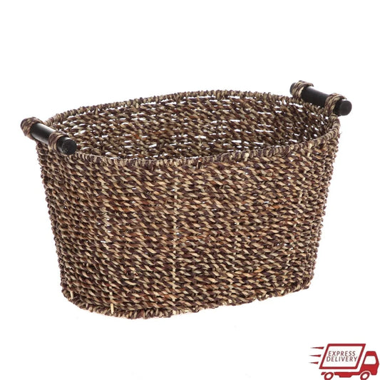 Oval Seagrass Storage Basket with Wooden Handles for Home Organization