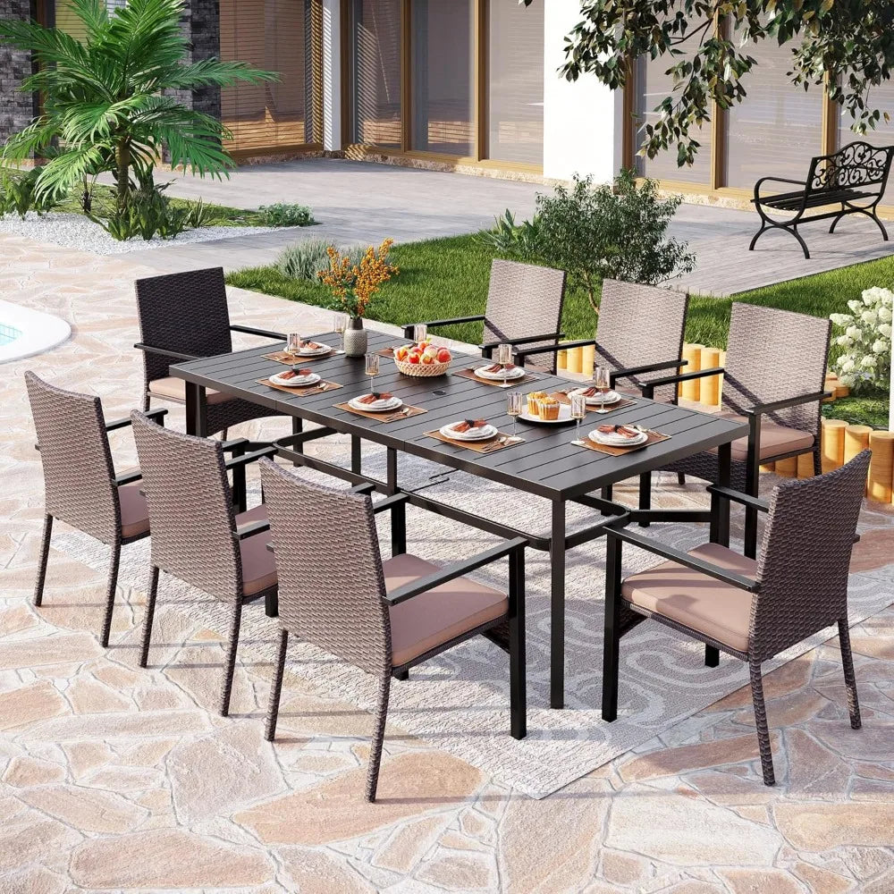 9 Piece Outdoor Dining Set for 8 with Wrought Iron Table and Wicker Chairs
