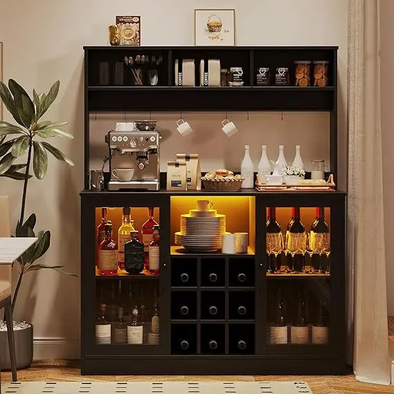 47-Inch GAOMON Wine Bar Cabinet LED Lighting Liquor Storage Adjustable Racks