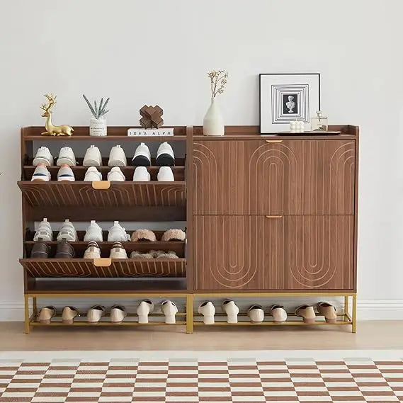 Mid-Century Modern 2-Tier Wooden Shoe Storage Cabinet Freestanding