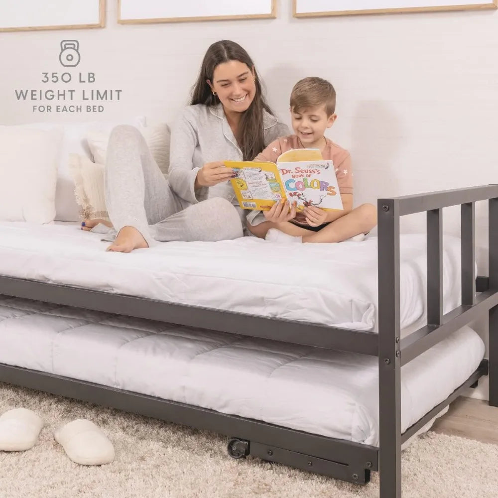 Black Twin Daybed with Pop-Up Trundle and Foldable Mattress Set