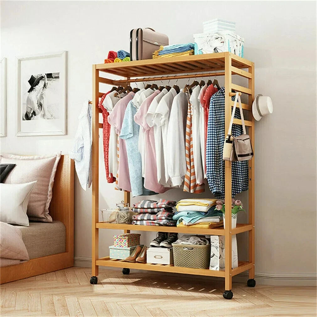 Bamboo Garment Rack with Wheels Multifunctional Clothing Organizer