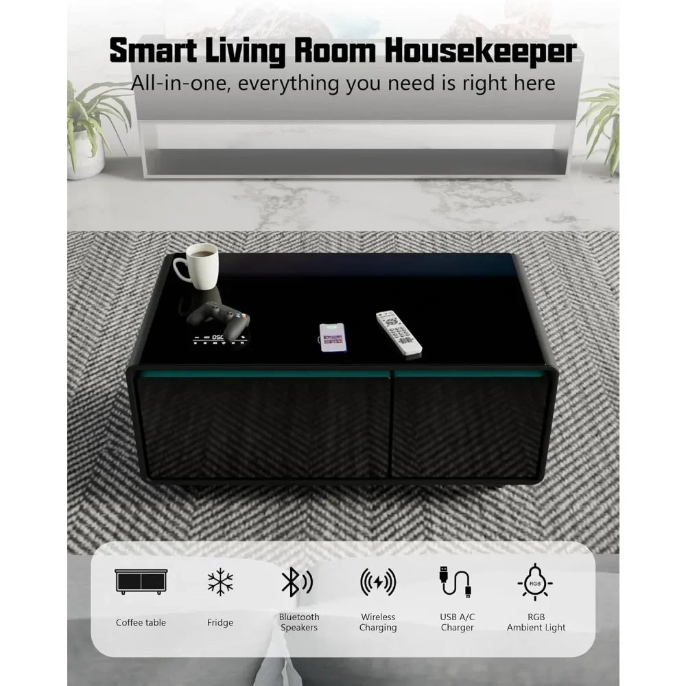 Smart Coffee Table with Built-in Fridge Speakers Wireless Charging USB Ports