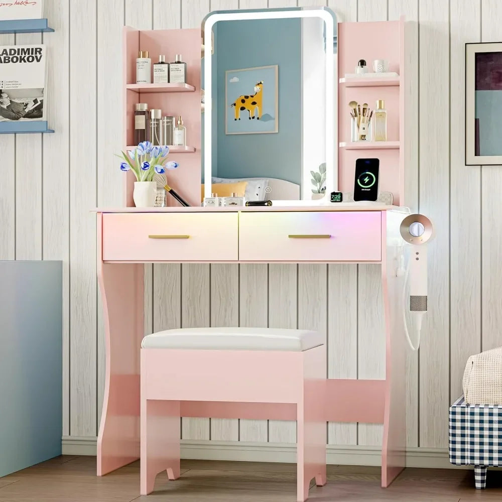 LED Makeup Vanity Desk with Mirror and Storage Drawers Chair Set