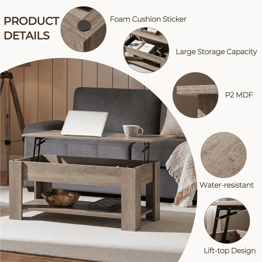 Wooden Lift Top Coffee Table with Hidden Storage for Small Spaces