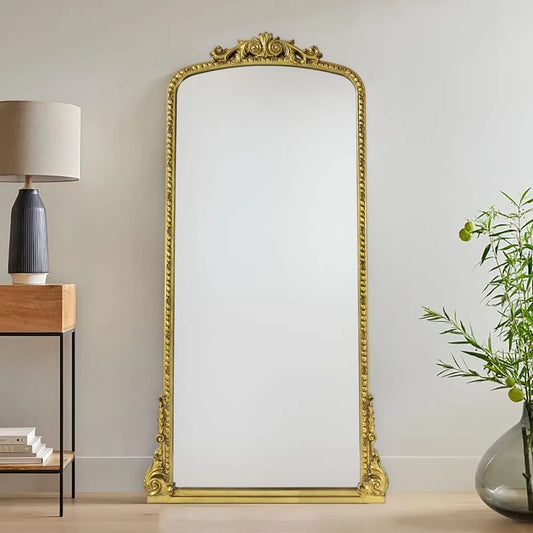 Baroque Gold Arched Full-Length Floor Mirror Antiqued Finish 30 Inch