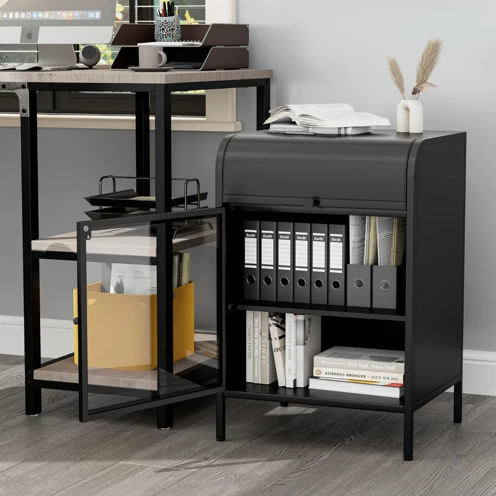 Metal Nightstand Set of 2 Modern Side Table Flip-Top Storage Glass Door