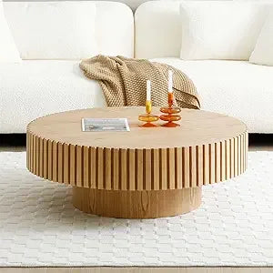 Modern Round Coffee Table Solid Wood Grey 31.5 Inch for Living Room
