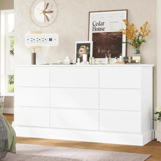 Modern White Bedroom Dresser 9 Drawers Long Storage Chest 61.4 Inches