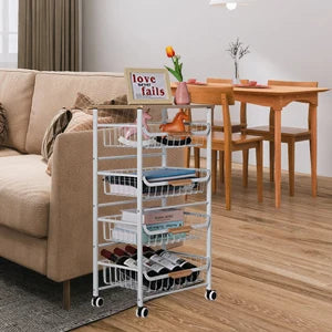 5 Tier Rolling Metal Cart with Drawers Wheels Multi Room Storage