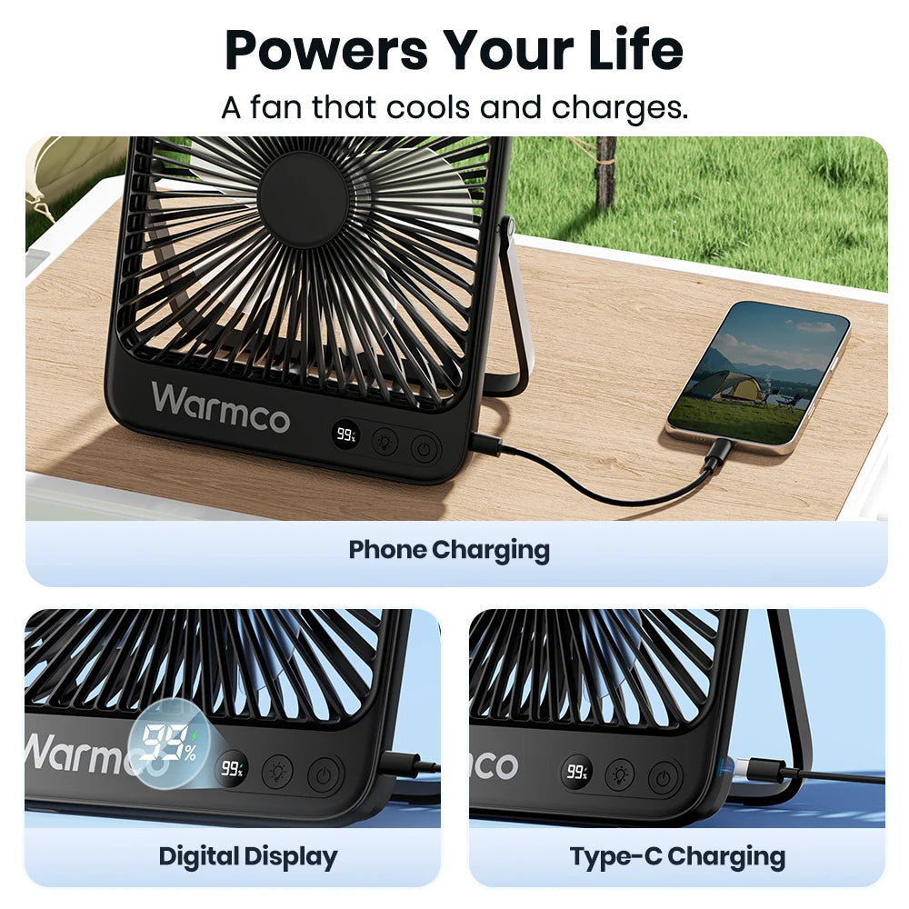 Ljustra 20000mAh Portable Camping Fan with LED Light Quiet Desk Fan