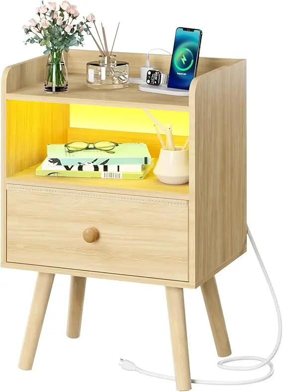 Nightstand with Charging Station LED Lights Modern Bedroom Furniture