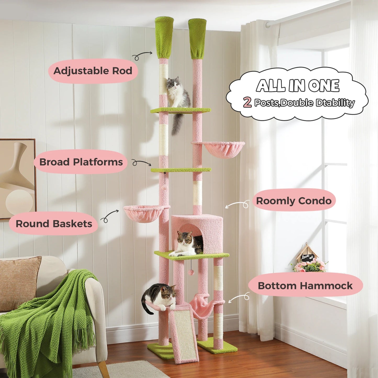Cactus Cat Tree Floor to Ceiling Cat Tower 7 Tiers with Hammocks and Scratching Posts
