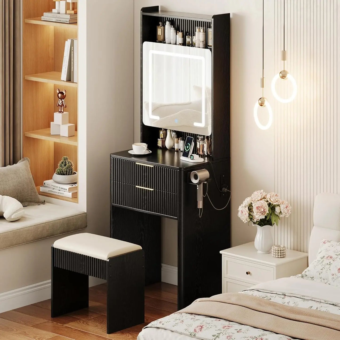 Black Vanity Desk with Mirror LED Lights Charging Station Makeup Table