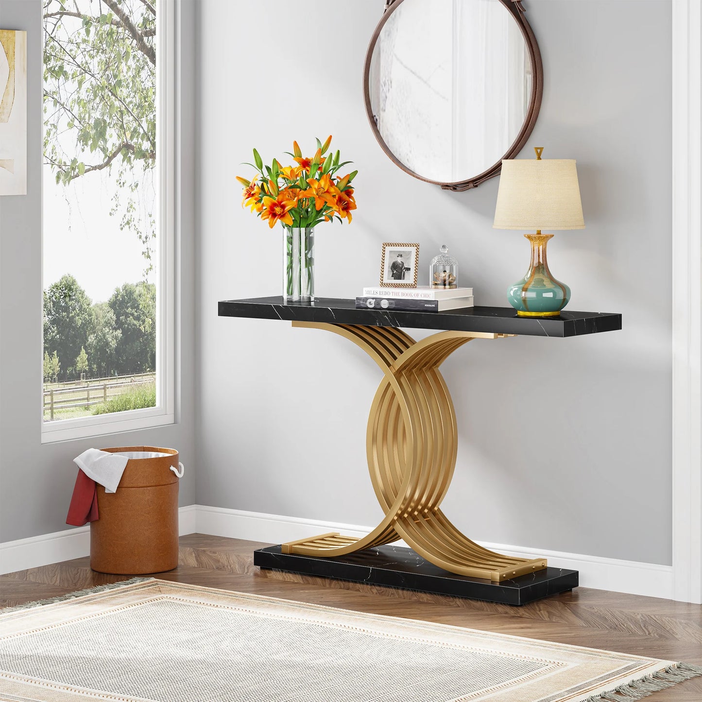 Ljustra Modern 39-Inch Console Table Faux Marble Gold Metal Legs