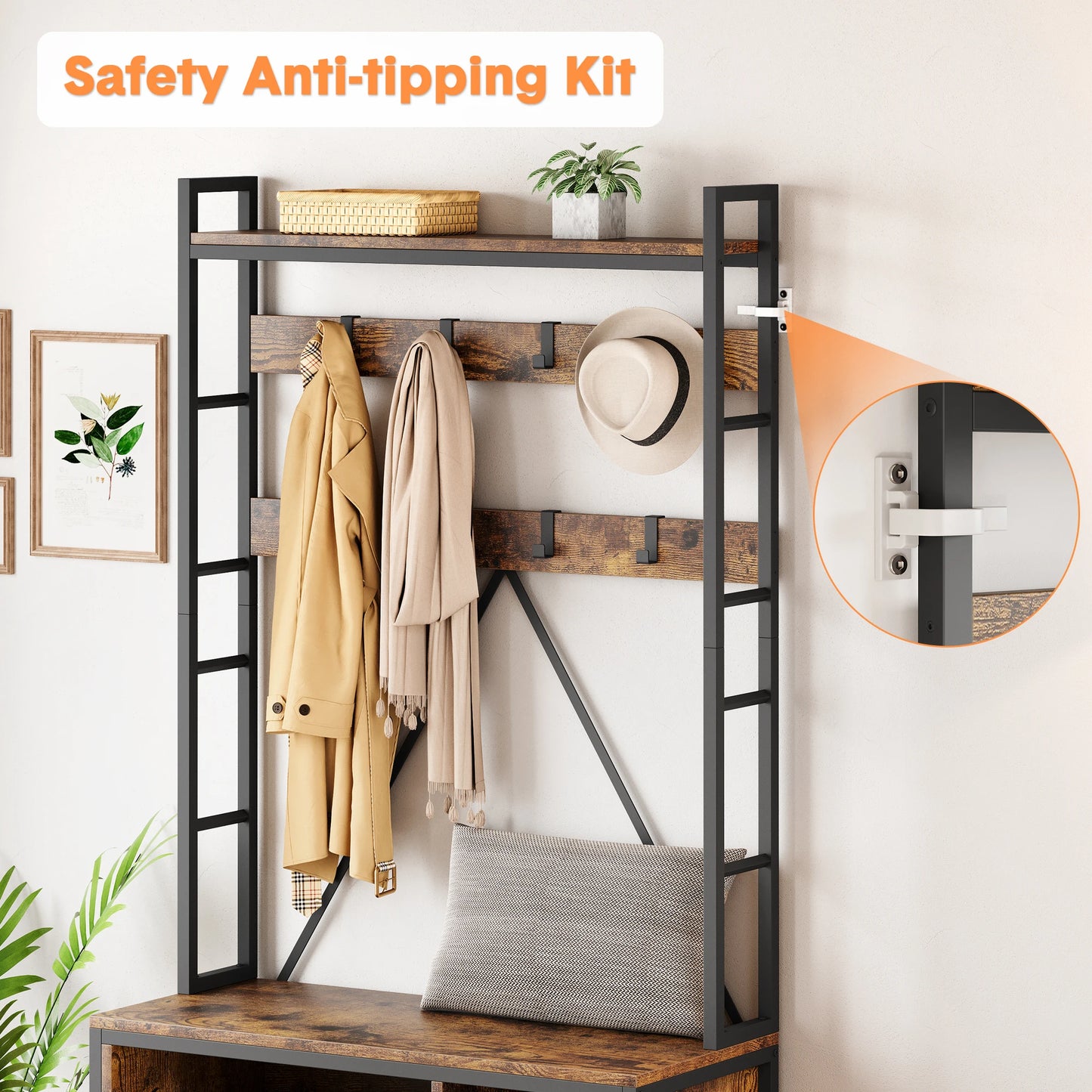 Hall Tree Entryway Bench Coat Rack Shoe Storage Industrial Style