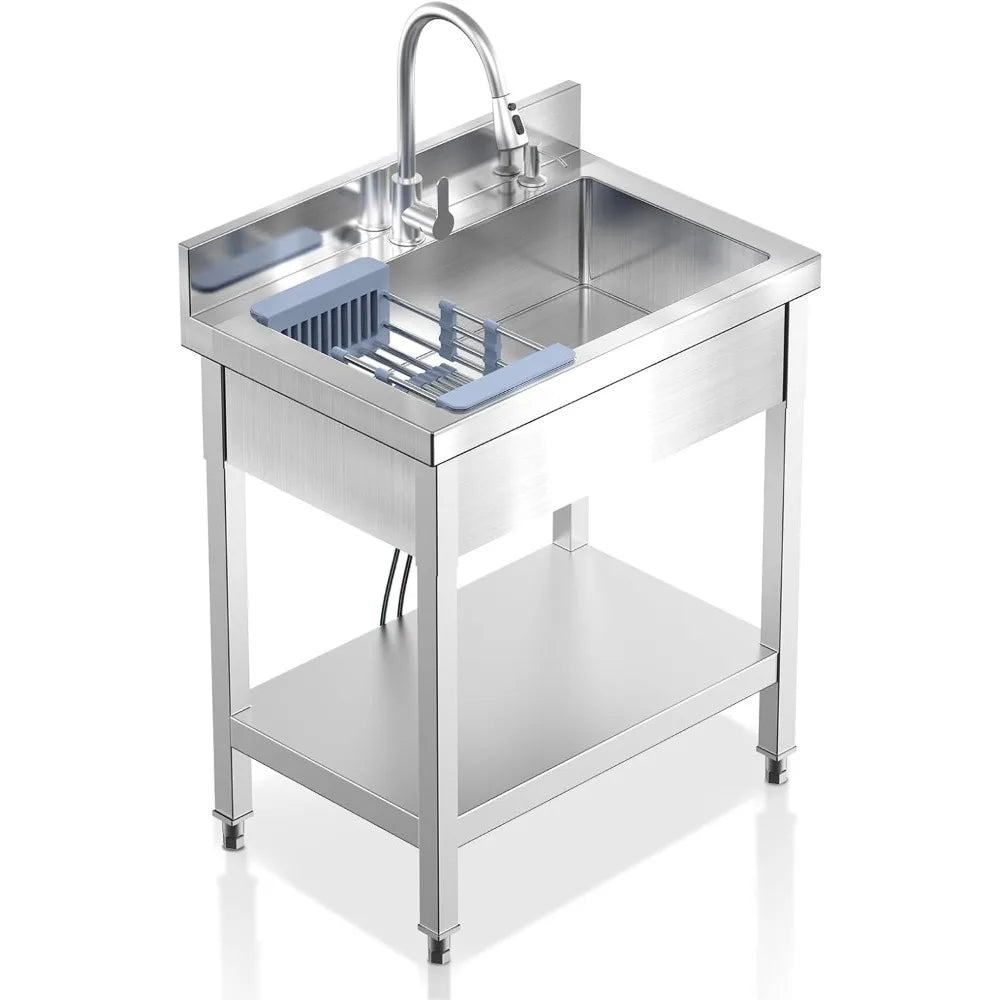 Stainless Steel Utility Sink with Pull-Out Faucet for Kitchen and Laundry