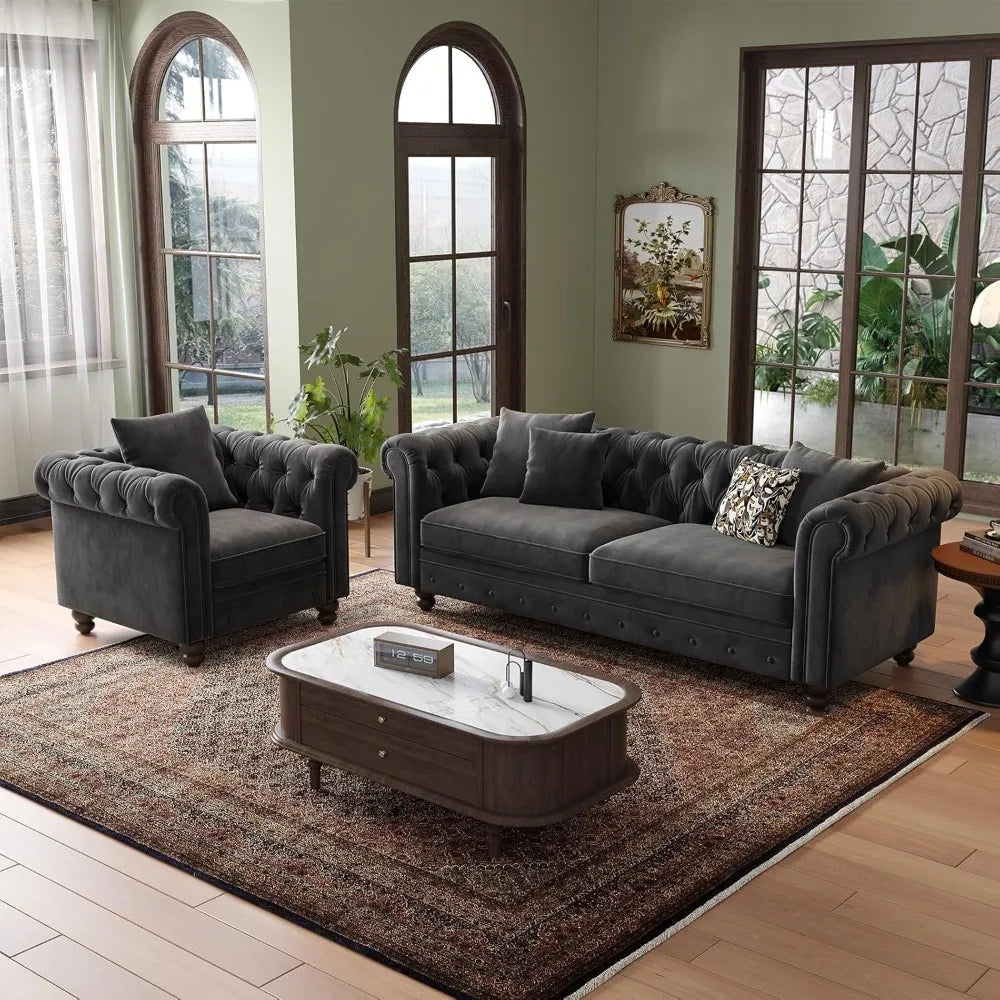 82" Velvet Chesterfield Sofa Deep Seat Button Tufted Couch w/Rolled Arms Classic