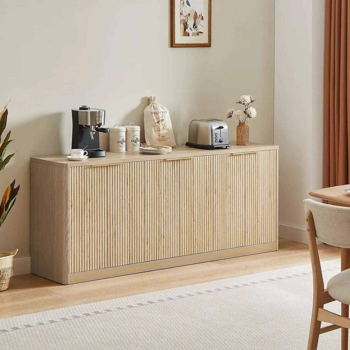 67 Inch Walnut Fluted Sideboard Buffet Cabinet with 6 Doors Storage