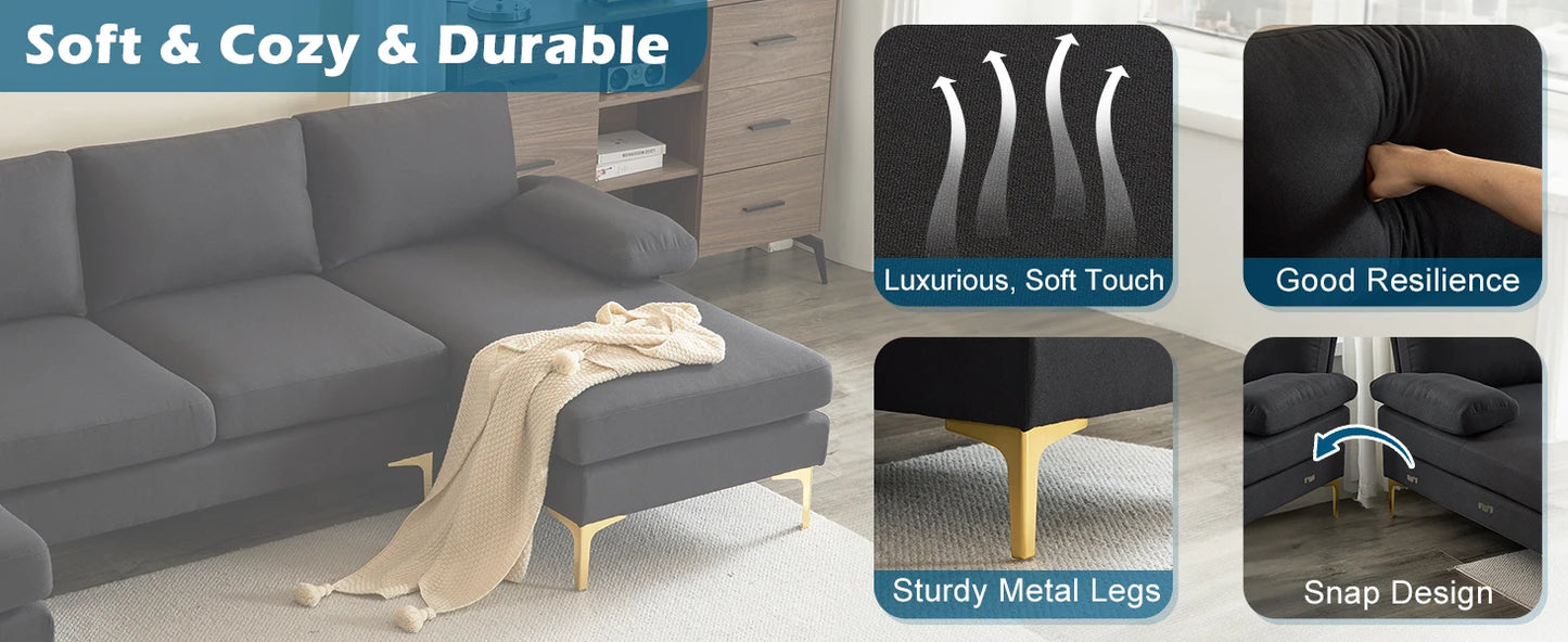 Ljustra U-Shaped 110" Sectional Couch, Modern Style, 5.9" Padding, Assembly Required