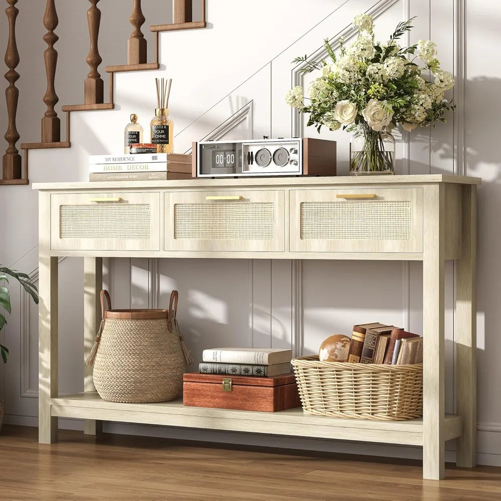 Ljustra 51.2" Rattan Console Table Narrow Entryway Sofa Table 3 Drawers