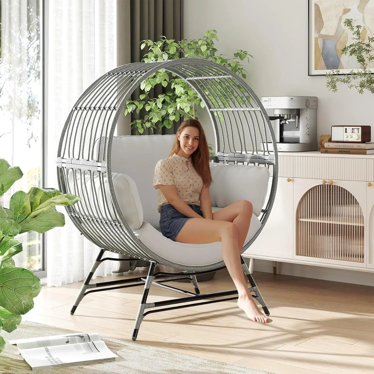 Egg Chair Oversized Rattan Wicker Indoor Outdoor Lounge 350LBS Capacity