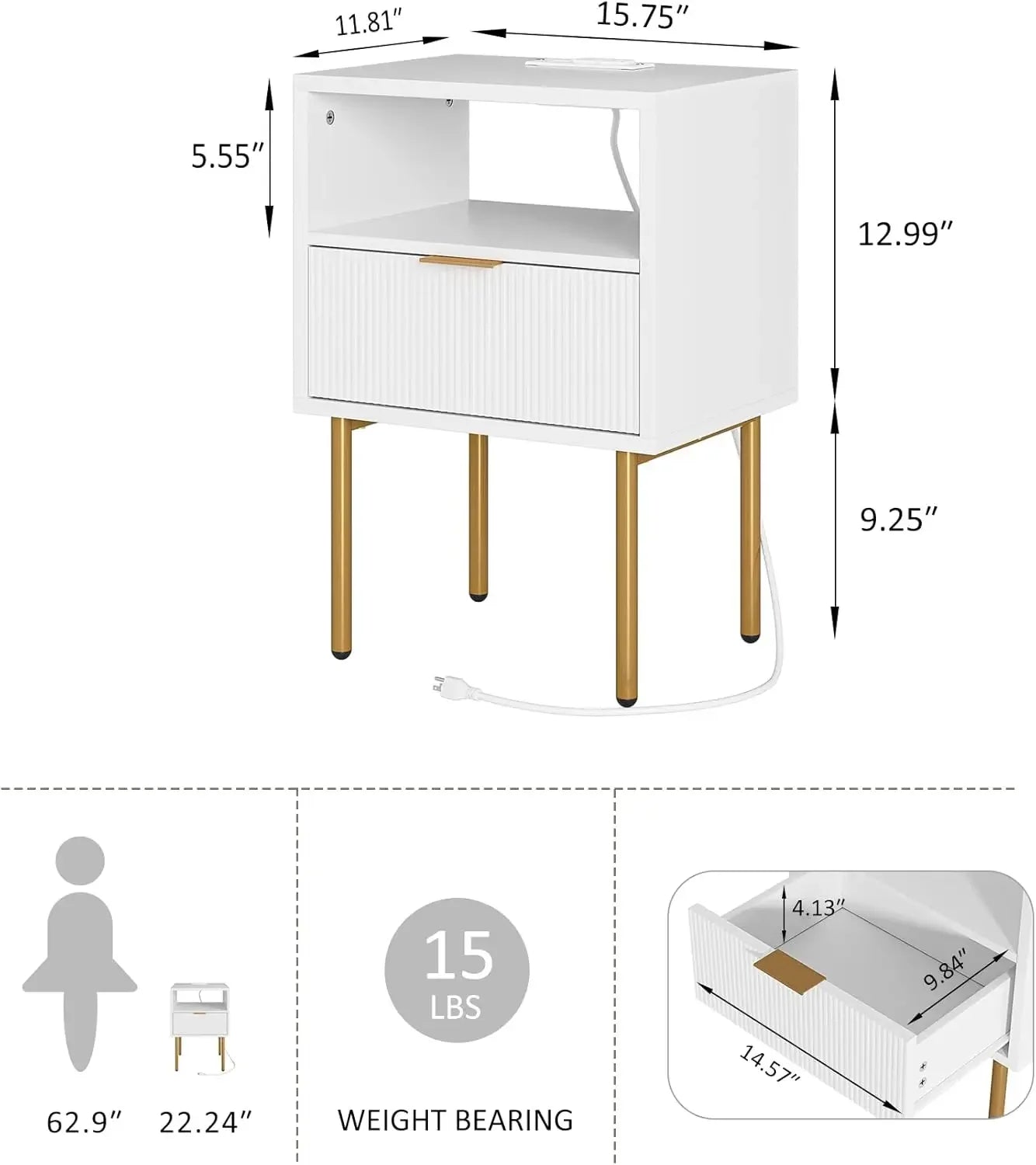Small Bedside Table Gold Frame White Nightstand Drawer Shelf Furniture