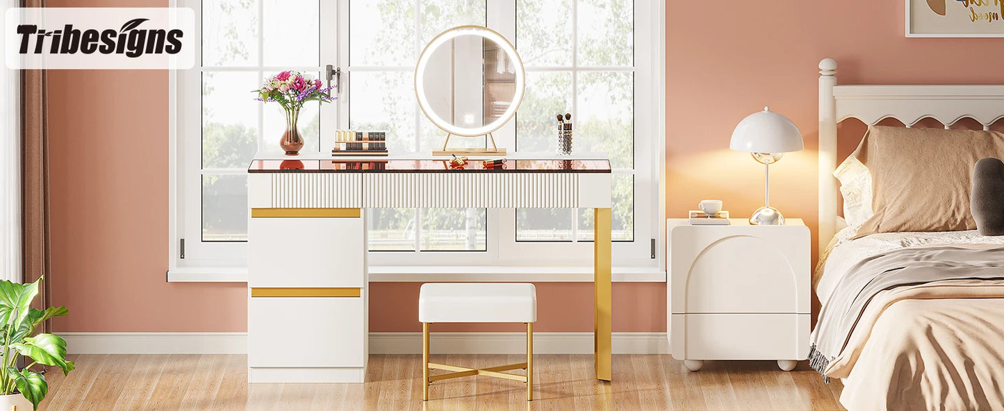 Modern 47 Inch Computer Desk with 4 Drawers Glass Top Home Office Furniture