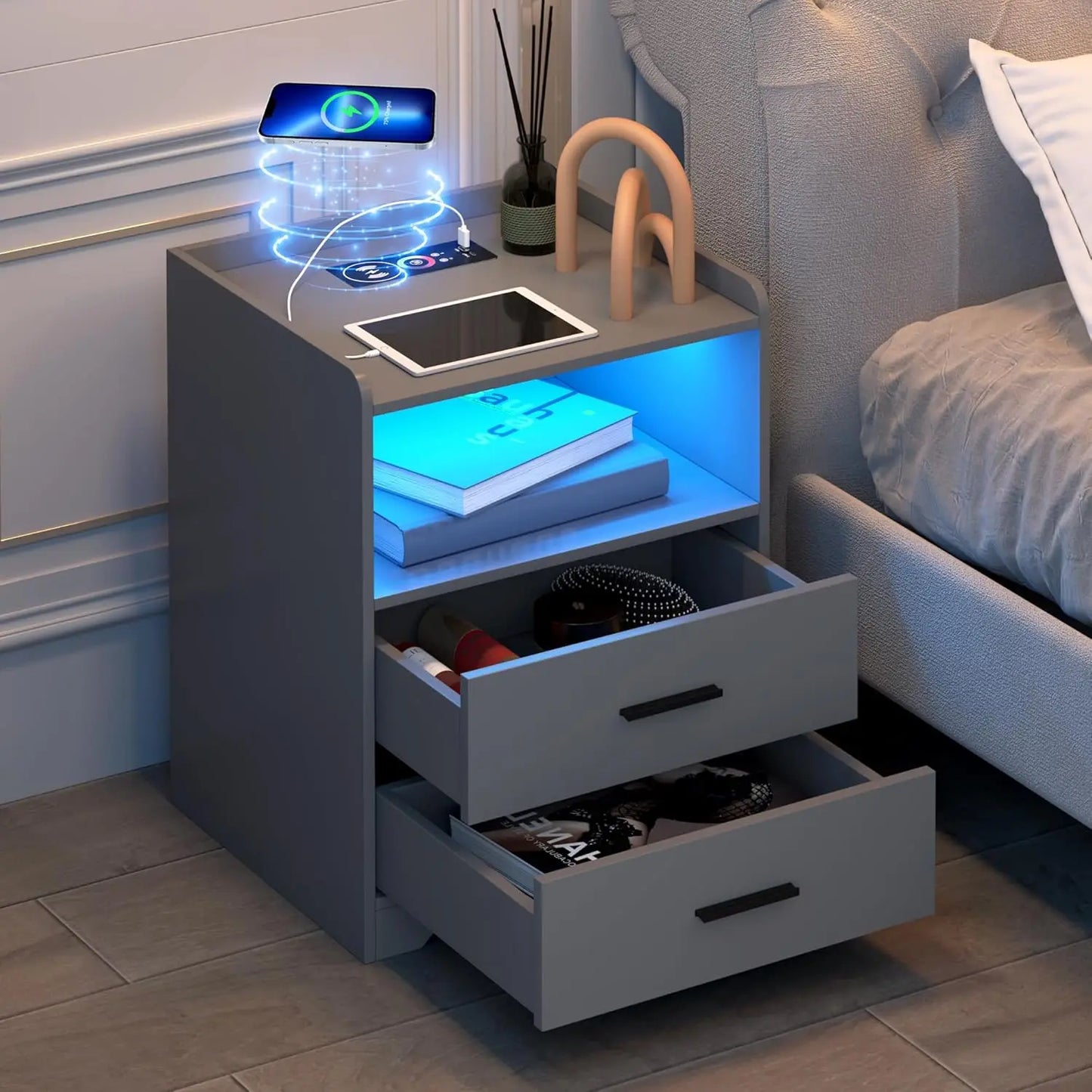 Night Stand Wireless Charging Station Smart Bedside Table 2 Drawers RGB Lighting