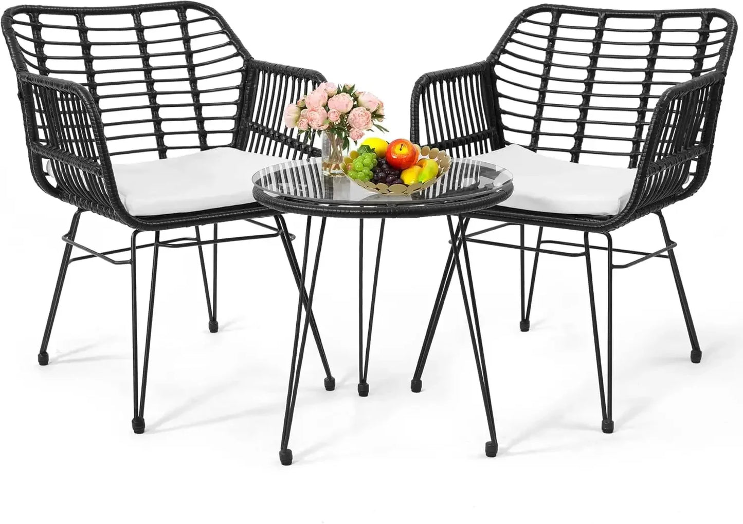 5 Piece Wicker Bistro Patio Furniture Set with Chairs Ottomans Table