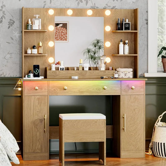Vanity Desk with Mirror and Lights 43 Inch Makeup Table with Chair