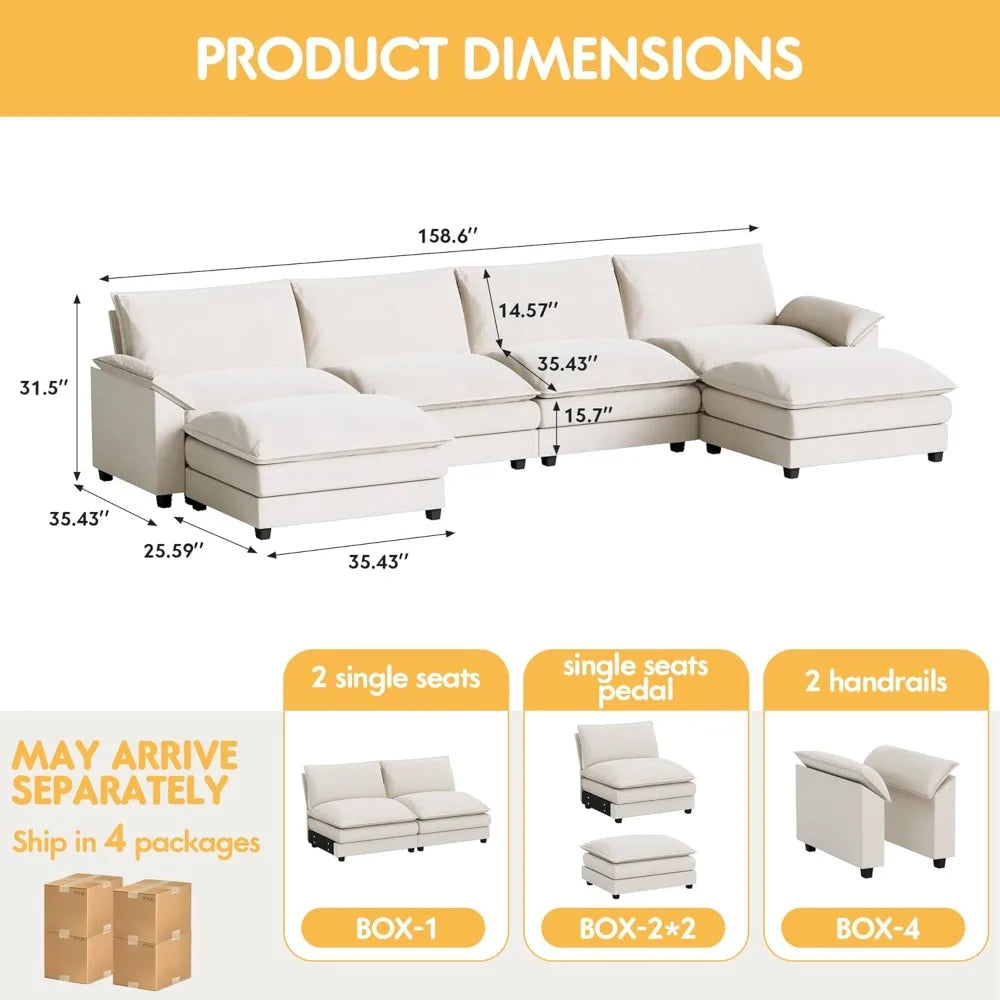 Ljustra U Shaped Modular Sectional Sofa 159" Chenille 4-Seat Reversible Ottoman