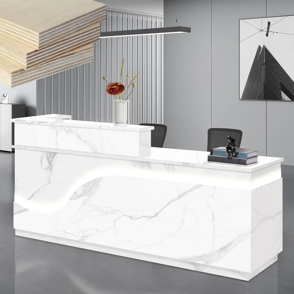Modern Reception Desk with Locking Drawers LED Light Strip Office Counter