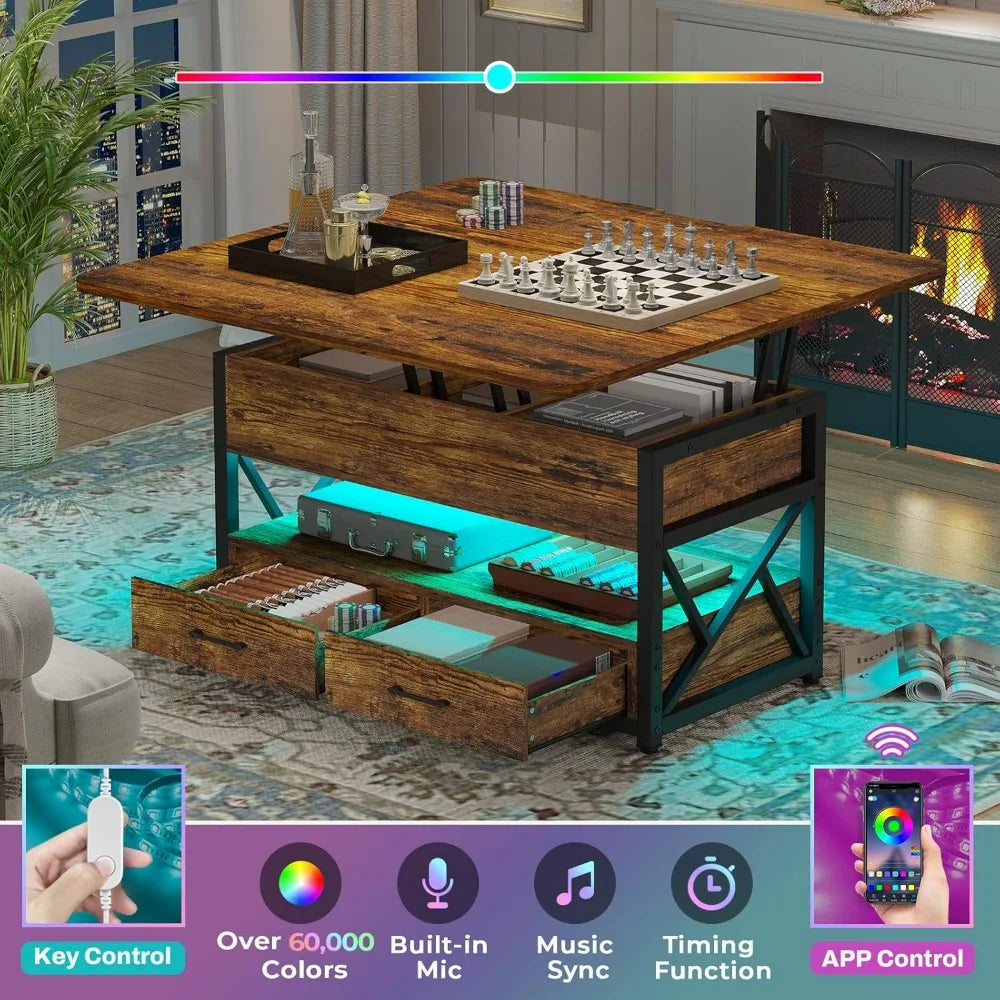 40 Inch Lift Top Coffee Table with Storage LED Light Farmhouse Design