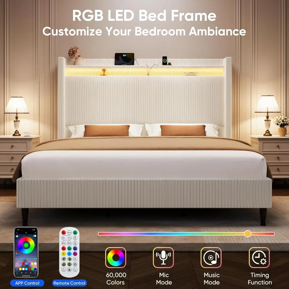 55.3 Inch Corduroy Upholstered Platform Bed Frame with LED USB Charging