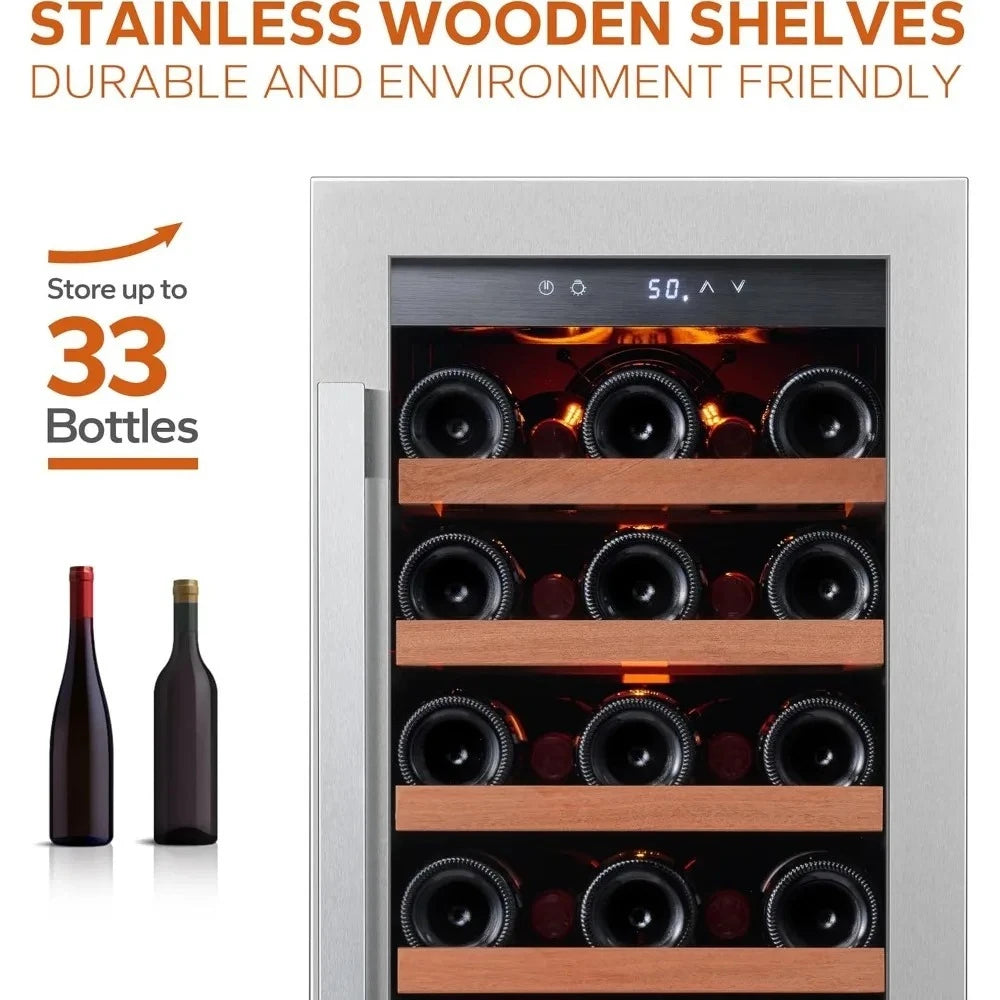 15 Inch Built-in Wine Fridge 33 Bottle Cooler Glass Door LED Lights