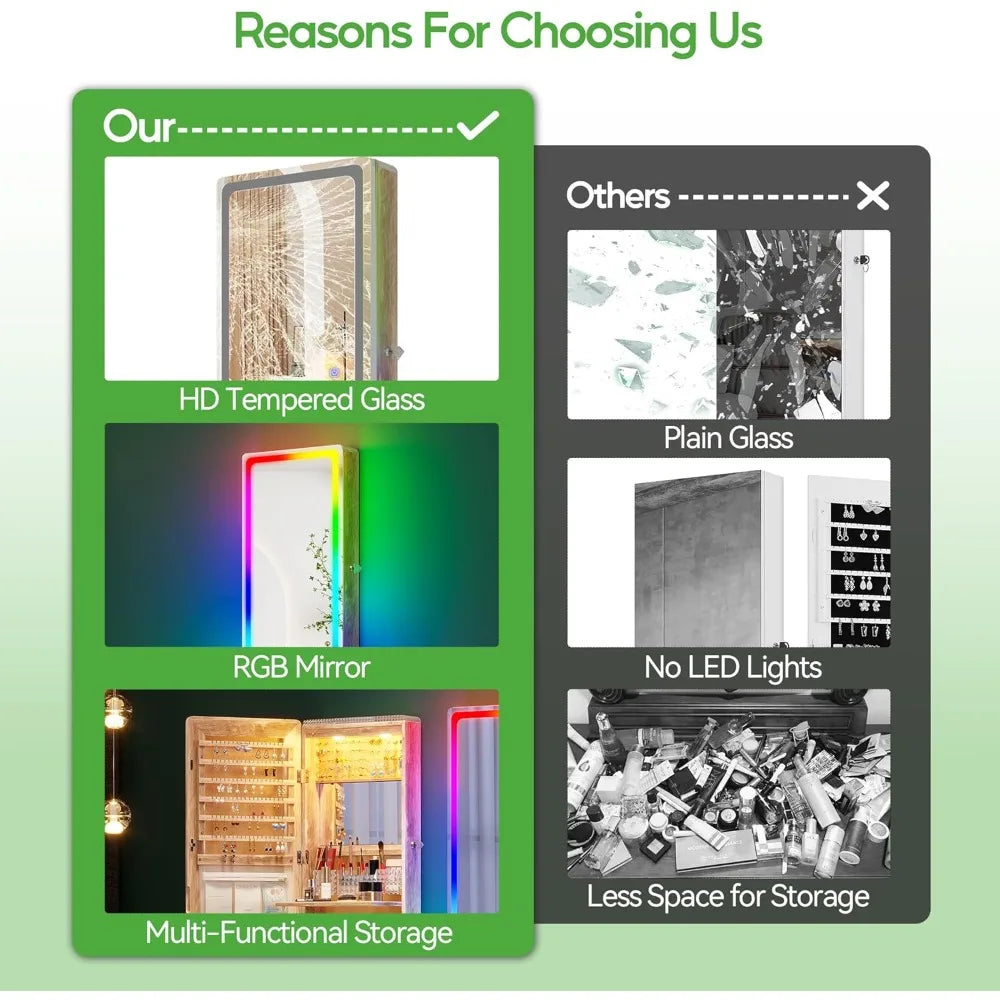 LED Mirror Jewelry Cabinet Wall Mounted Organizer with RGB Lights