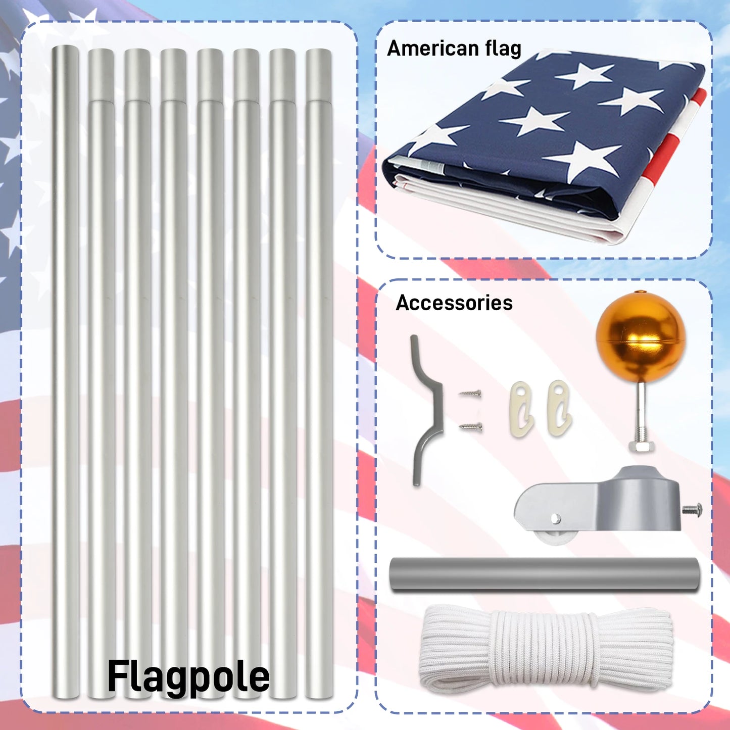 30FT Aluminum Flag Pole Kit with 5x3 US Flag for Outdoor Display