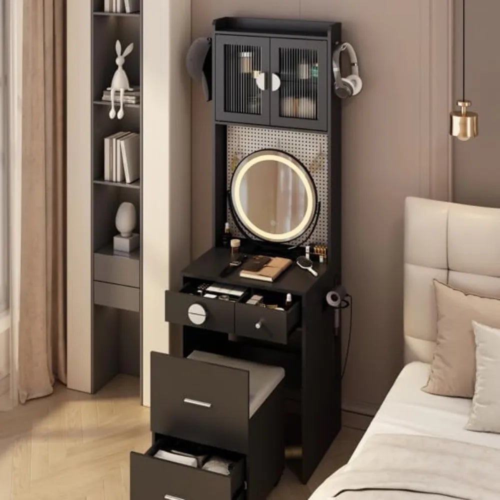 contemporary makeup vanity set with illuminated mirror and storage