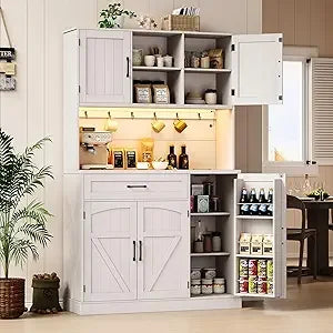 71 Inch Pantry Cabinet Kitchen Storage Hutch with LED Light and Outlet