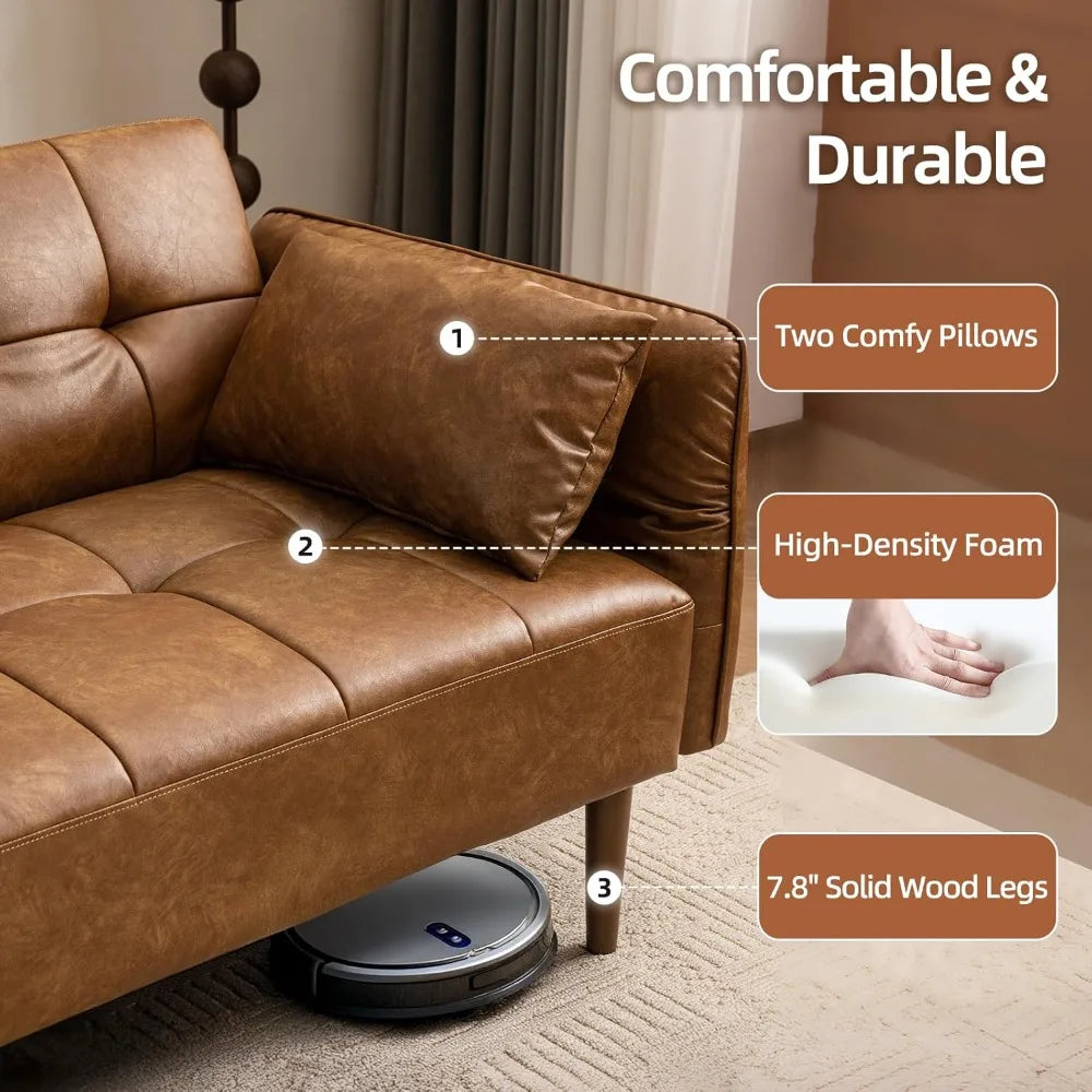 85 Inch Mid Century Modern Faux Leather Futon Sofa Bed Couch Storage